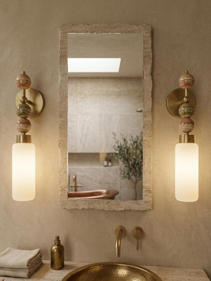Frosted Glass Cylinder wall sconce with Natural onyx stones - Brass Finish Light Fixture - Artisan Wall Lighting | Les Trois Pyramides