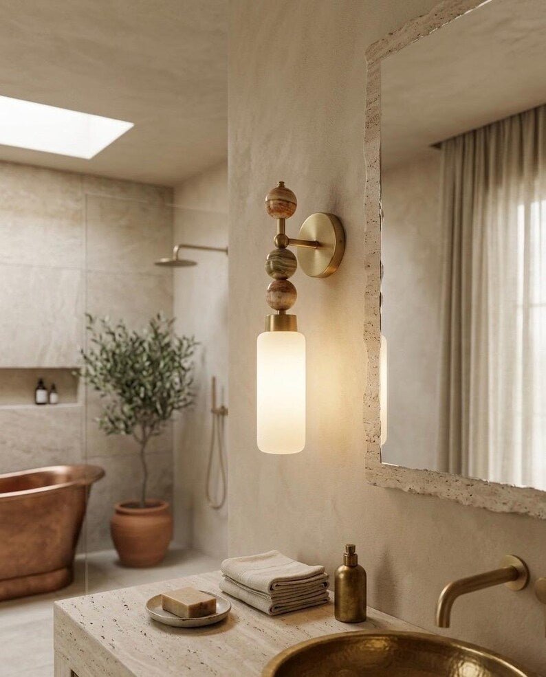 Frosted Glass Cylinder wall sconce with Natural onyx stones - Brass Finish Light Fixture - Artisan Wall Lighting | Les Trois Pyramides