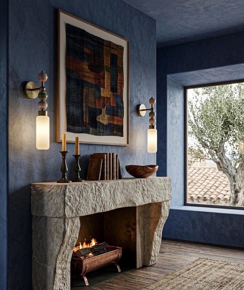 Frosted Glass Cylinder wall sconce with Natural onyx stones - Brass Finish Light Fixture - Artisan Wall Lighting | Les Trois Pyramides