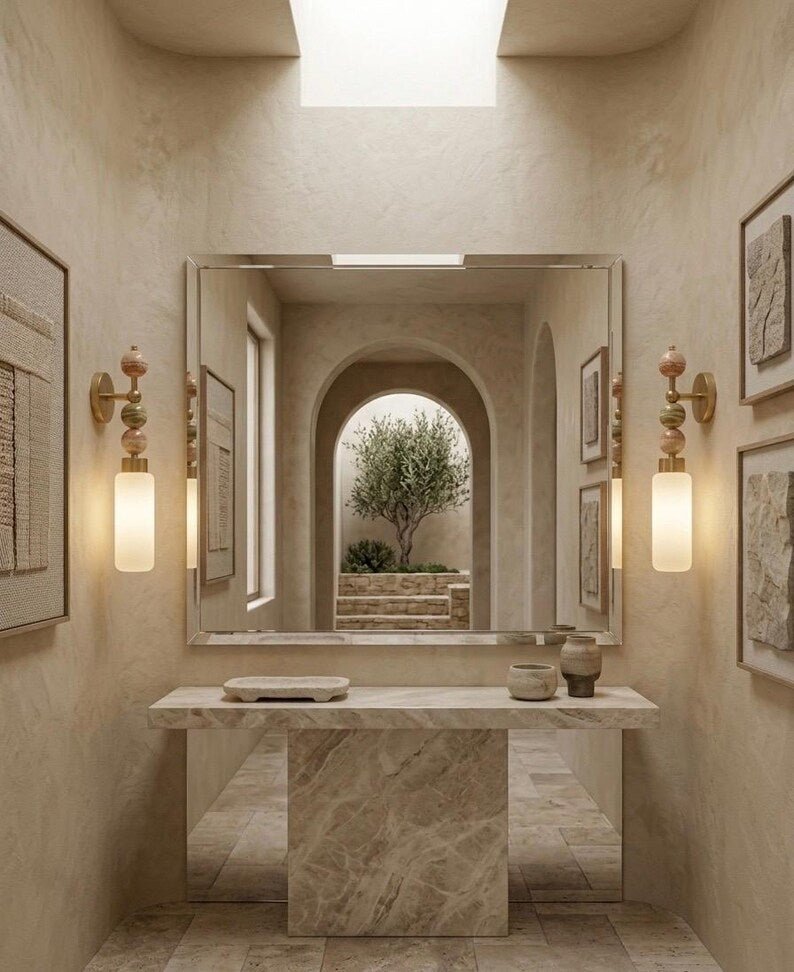 Frosted Glass Cylinder wall sconce with Natural onyx stones - Brass Finish Light Fixture - Artisan Wall Lighting | Les Trois Pyramides