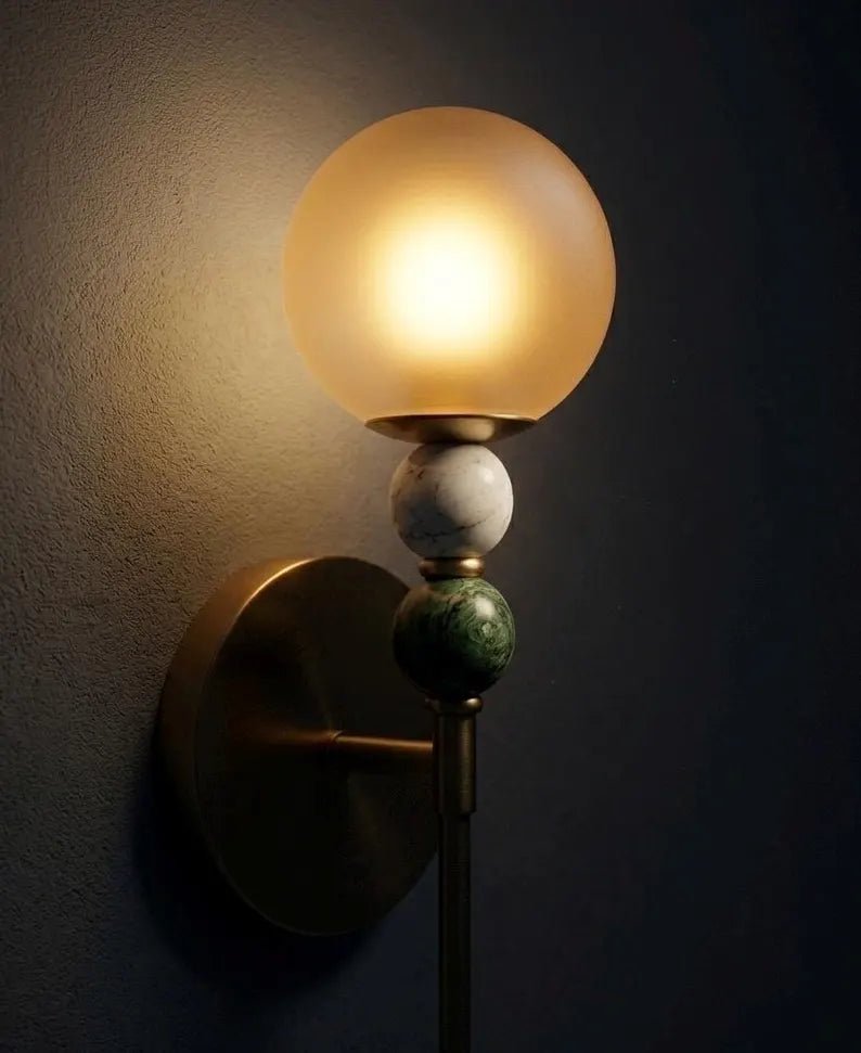 Wall Sconce, Frosted Glass Wall Sconce, Marble Wall Light, Brass Wall Sconce, Bathroom Vanity Lighting, Bedside Lamp, Modern Wall Lighting | Les Trois Pyramides