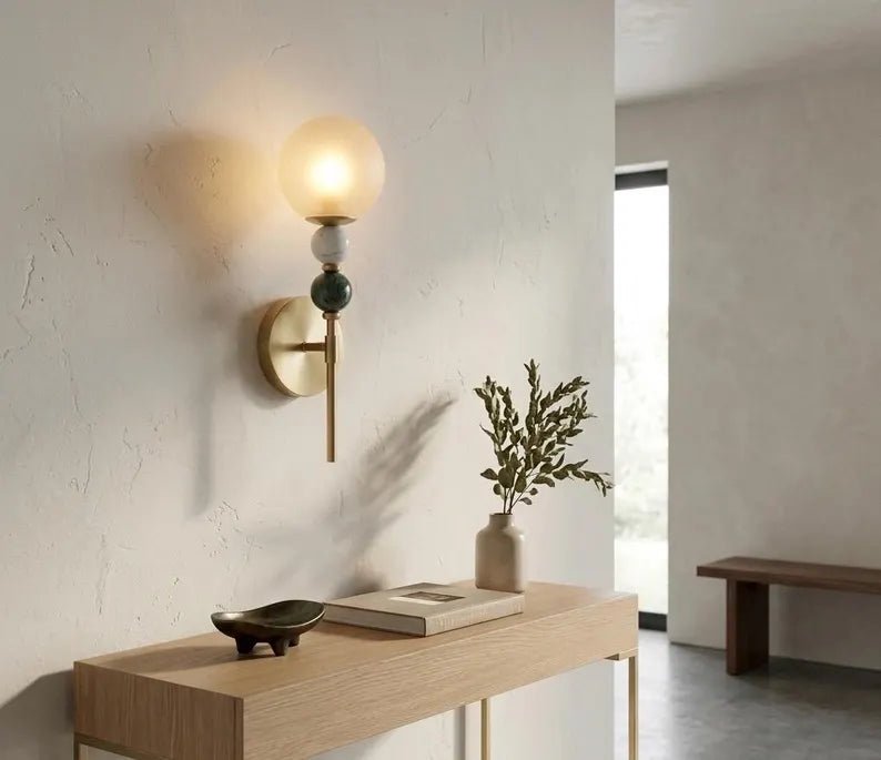 Wall Sconce, Frosted Glass Wall Sconce, Marble Wall Light, Brass Wall Sconce, Bathroom Vanity Lighting, Bedside Lamp, Modern Wall Lighting | Les Trois Pyramides