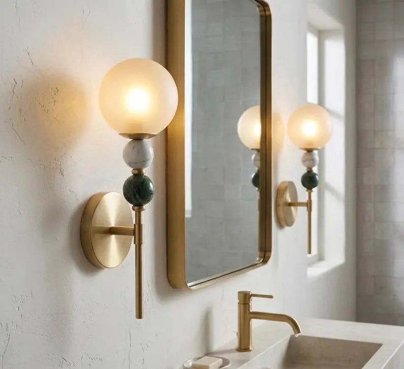 Wall Sconce, Frosted Glass Wall Sconce, Marble Wall Light, Brass Wall Sconce, Bathroom Vanity Lighting, Bedside Lamp, Modern Wall Lighting | Les Trois Pyramides