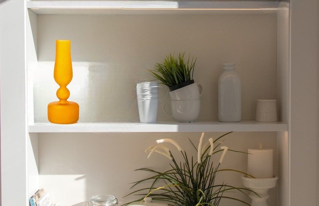 Decorative Frosted Glass vase with long neck in yellow color by les trois pyramides