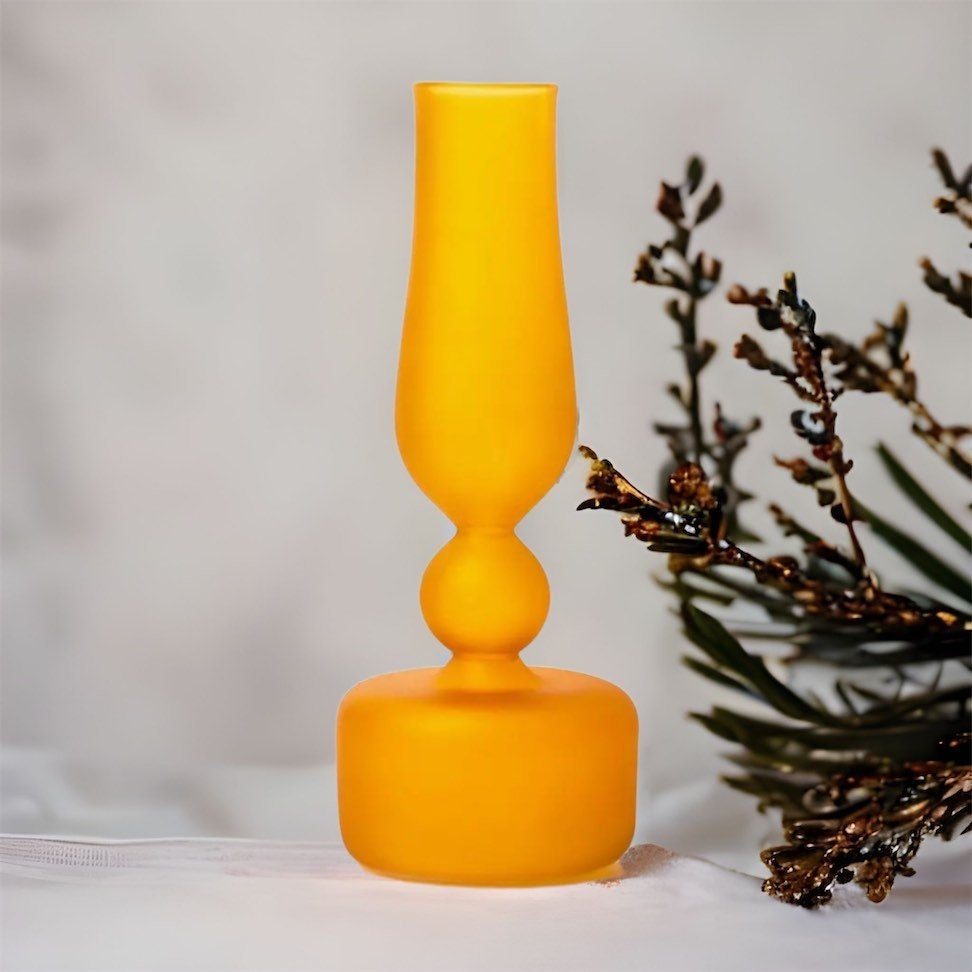 Decorative Frosted Glass vase with long neck in yellow color by les trois pyramides