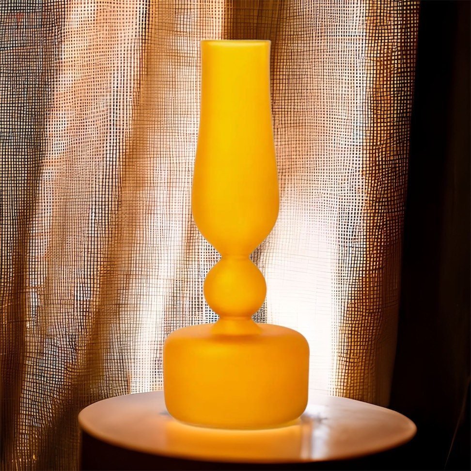 Decorative Frosted Glass vase with long neck in yellow color by les trois pyramides