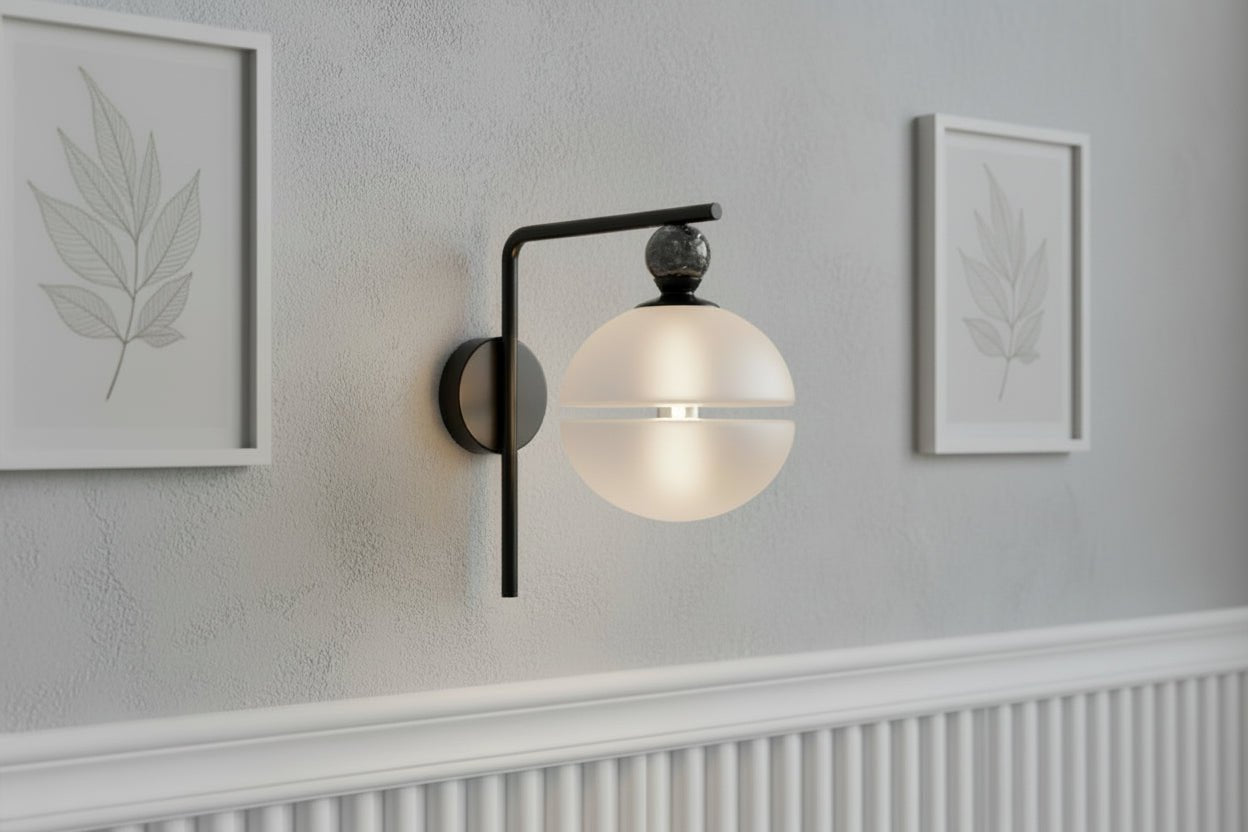 Frosted Glass Wall Light with Marble Accent – Modern Bathroom and Vanity Sconce