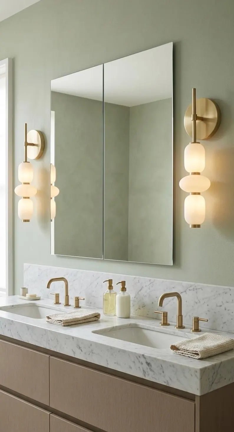 Bathroom Vanity Wall Light, Frosted Glass Wall Sconce, Brass Wall Lamp, Modern Bathroom Lighting, Bedside Wall Light Fixture | Les Trois Pyramides