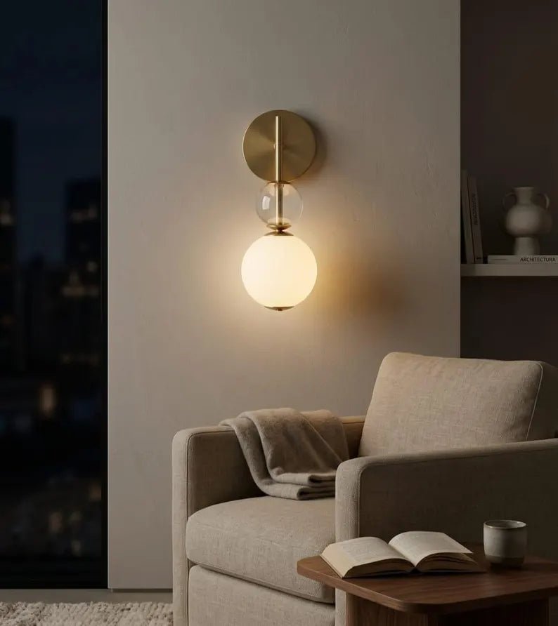 Frosted Glass Wall Sconce - Brass Wall Sconce - Modern Wall Light - Glass Wall Lamp - Bathroom Vanity Light - Bedside Lamp | Les Trois Pyramides