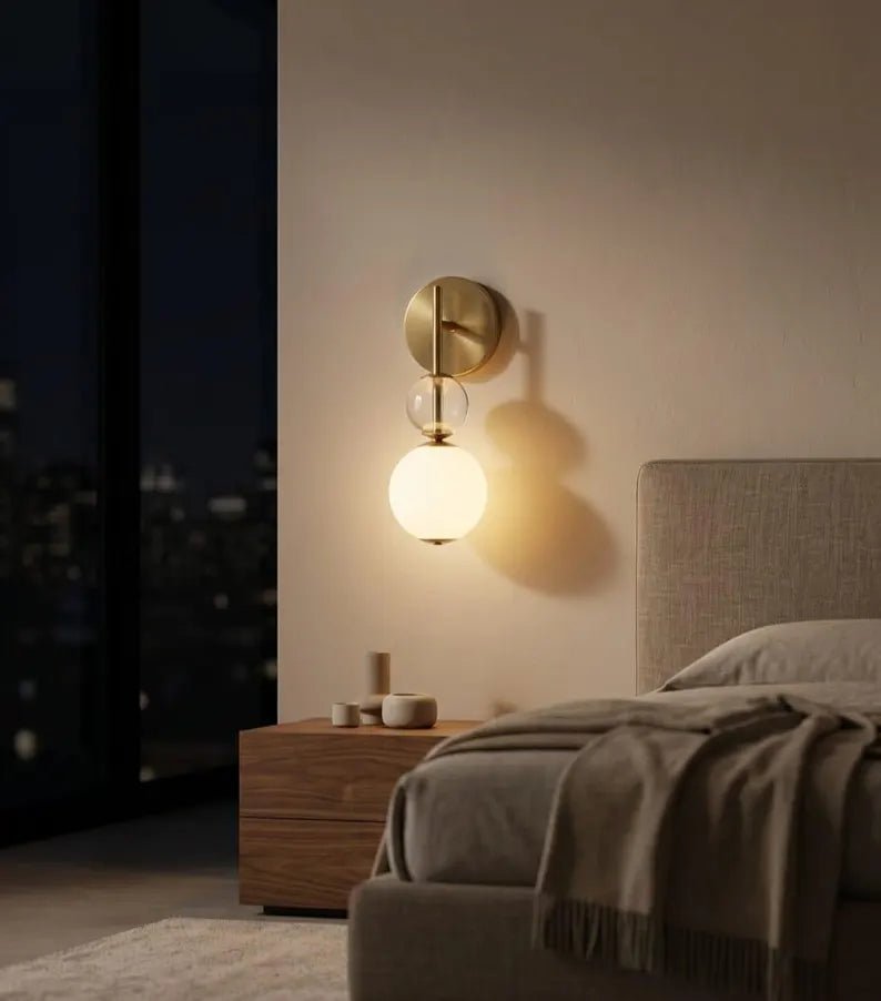 Frosted Glass Wall Sconce - Brass Wall Sconce - Modern Wall Light - Glass Wall Lamp - Bathroom Vanity Light - Bedside Lamp | Les Trois Pyramides