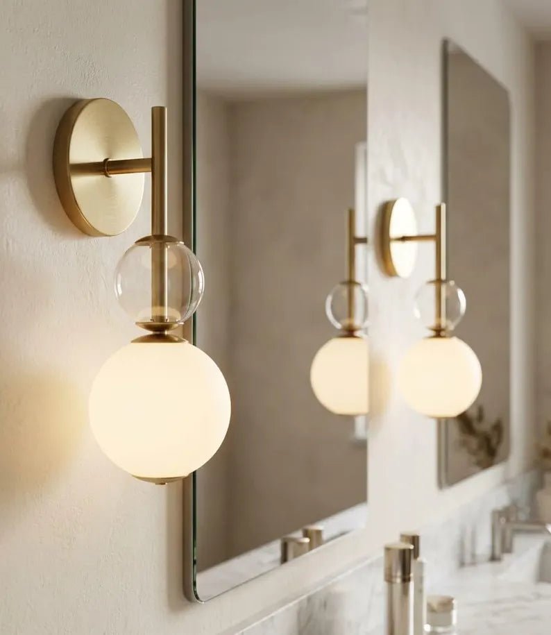 Frosted Glass Wall Sconce - Brass Wall Sconce - Modern Wall Light - Glass Wall Lamp - Bathroom Vanity Light - Bedside Lamp | Les Trois Pyramides