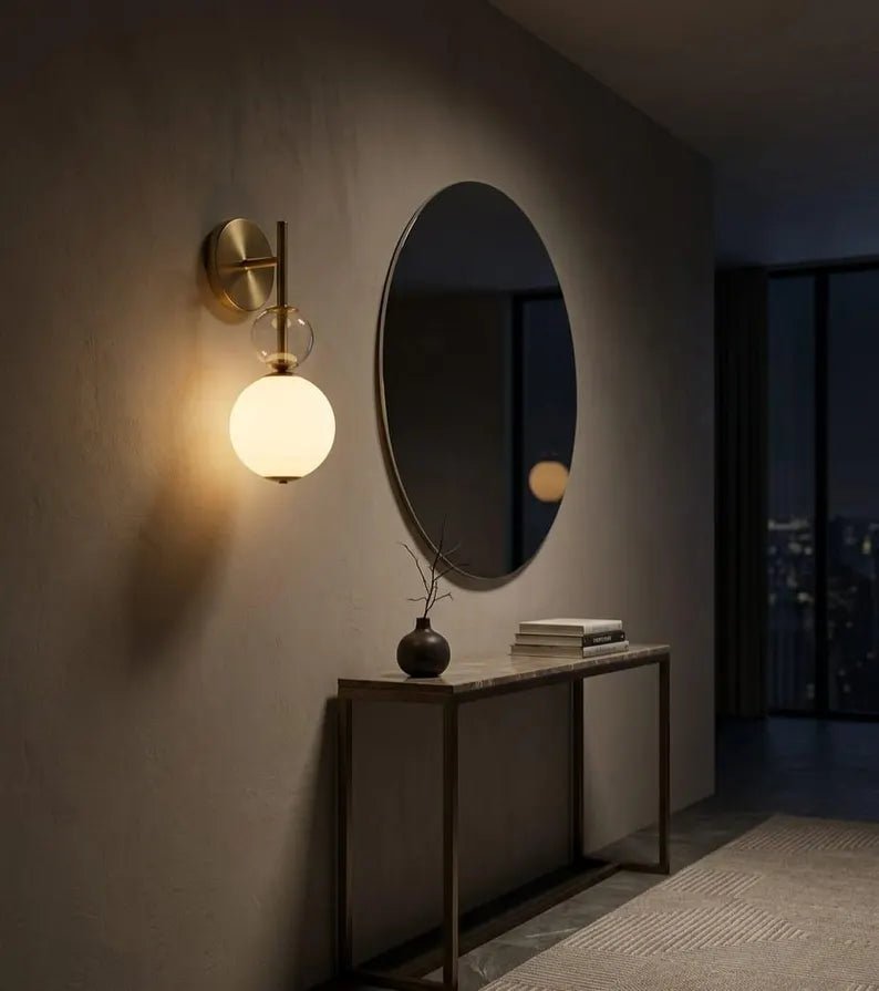Frosted Glass Wall Sconce - Brass Wall Sconce - Modern Wall Light - Glass Wall Lamp - Bathroom Vanity Light - Bedside Lamp | Les Trois Pyramides