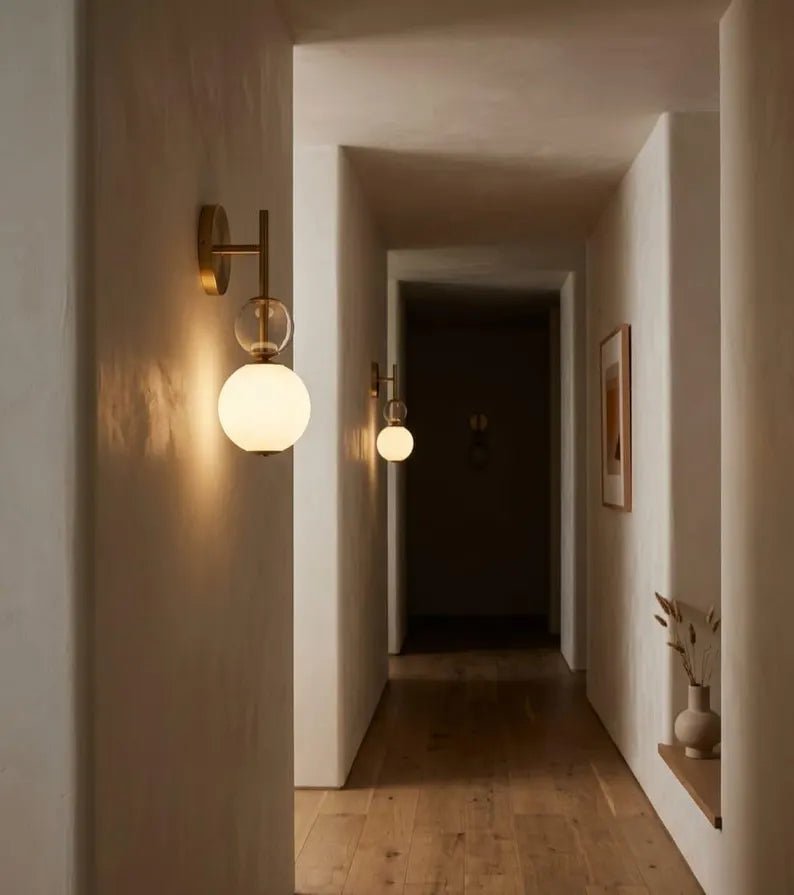 Frosted Glass Wall Sconce - Brass Wall Sconce - Modern Wall Light - Glass Wall Lamp - Bathroom Vanity Light - Bedside Lamp | Les Trois Pyramides