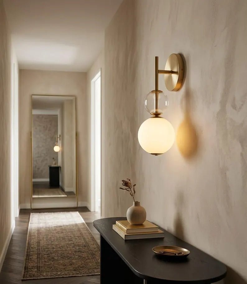 Frosted Glass Wall Sconce - Brass Wall Sconce - Modern Wall Light - Glass Wall Lamp - Bathroom Vanity Light - Bedside Lamp | Les Trois Pyramides