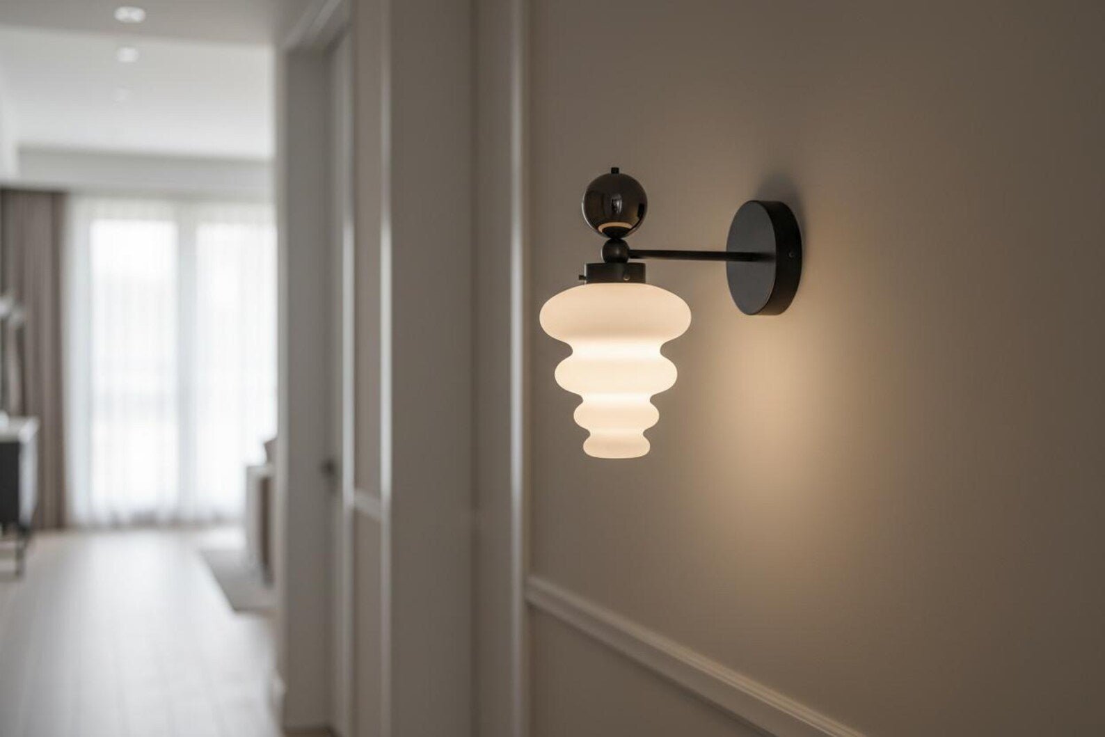Frosted Glass Wall Sconce with Marble Accent – Handmade Modern Wall Light | Les Trois Pyramides