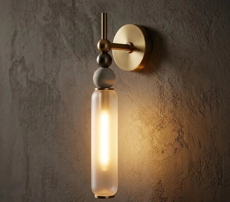 Frosted Glass Wall Sconce with Marble | Handmade Wall Light | Bathroom Vanity Light | Modern Wall Lamp | Bedside Sconce | Les Trois Pyramides