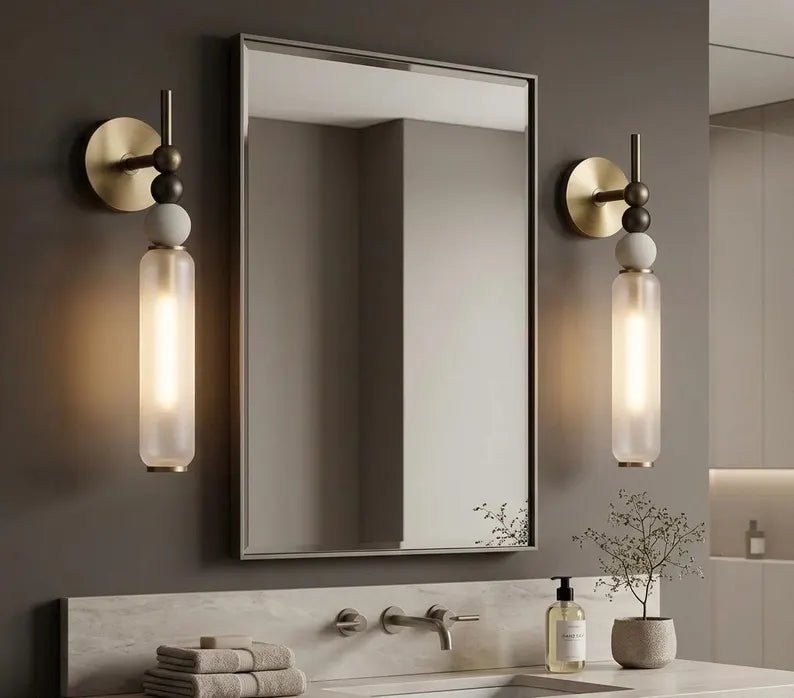 Frosted Glass Wall Sconce with Marble | Handmade Wall Light | Bathroom Vanity Light | Modern Wall Lamp | Bedside Sconce | Les Trois Pyramides