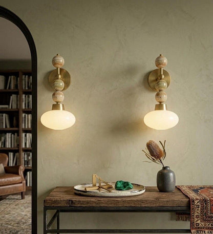 Frosted Glass wall light with Natural onyx stones - Brass Finish Light Fixture - Artisan Wall Lighting - wall sconce | les Trois Pyramides 