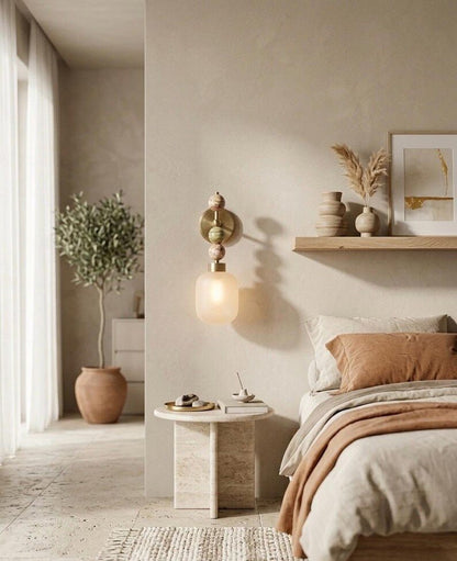 Frosted Glass wall sconce with Natural onyx stones - Brass Finish Light Fixture - Artisan Wall Lighting  Les Trois Pyramides