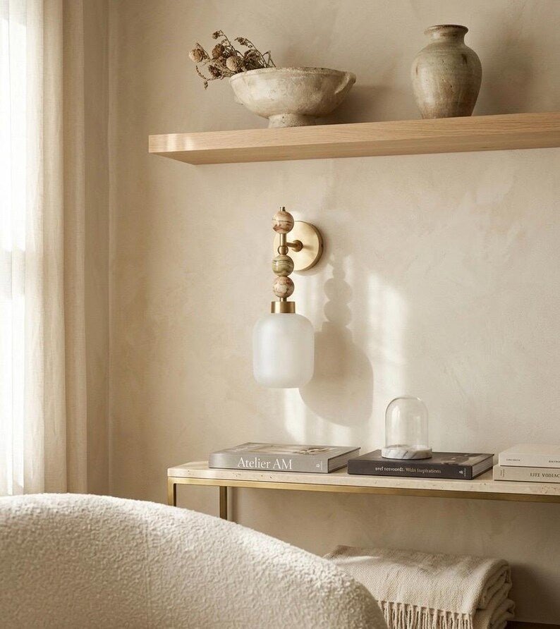 Frosted Glass wall sconce with Natural onyx stones - Brass Finish Light Fixture - Artisan Wall Lighting  Les Trois Pyramides