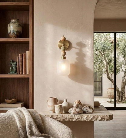 Frosted Glass wall sconce with Natural onyx stones - Brass Finish Light Fixture - Artisan Wall Lighting  Les Trois Pyramides
