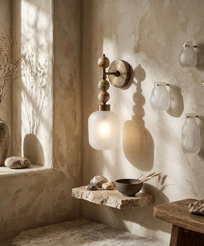 Frosted Glass wall sconce with Natural onyx stones - Brass Finish Light Fixture - Artisan Wall Lighting  Les Trois Pyramides