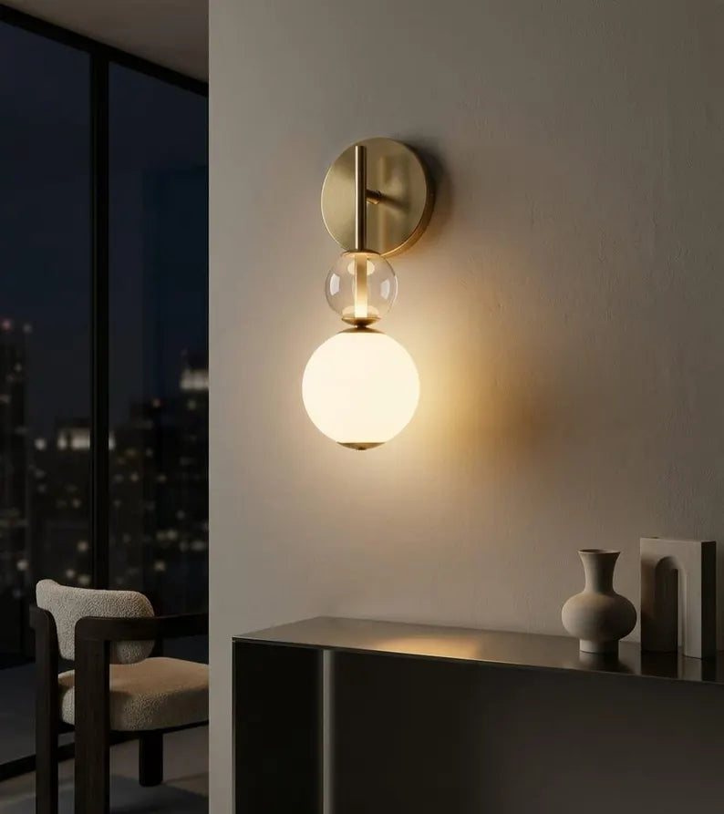 Frosted Glass Wall Sconce with Brass – Modern Bedside & Bathroom Light