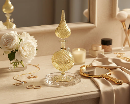 Gas Lamp Hand Painted Perfume Bottle With Stopper - Decorative Perfume Bottles - Hand Blown Glass - Custom Perfume Bottle - Gold - For Her - Les Trois PyramideGas Lamp Hand Painted Perfume Bottle With Stopper - Decorative Perfume Bottles - Hand Blown Glass - Custom Perfume Bottle - Gold - For Her - Les Trois Pyramides