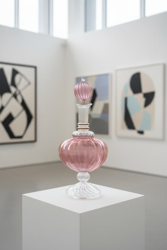 Giant Hand-Blown Pink Glass Decanter with Stopper | Luxury Artisan Glass Bottle