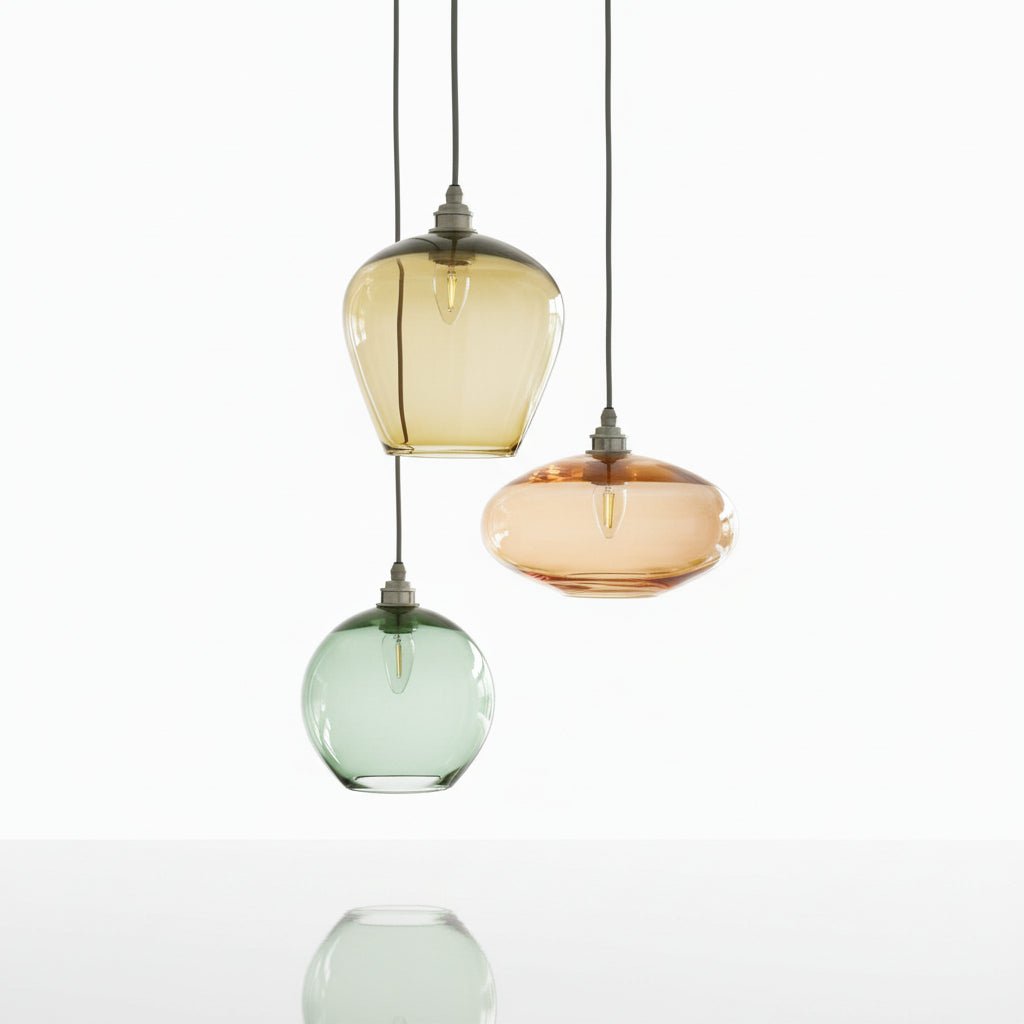 Glass Pendant Light Trio – Handmade Amber, Peach & Green Shades