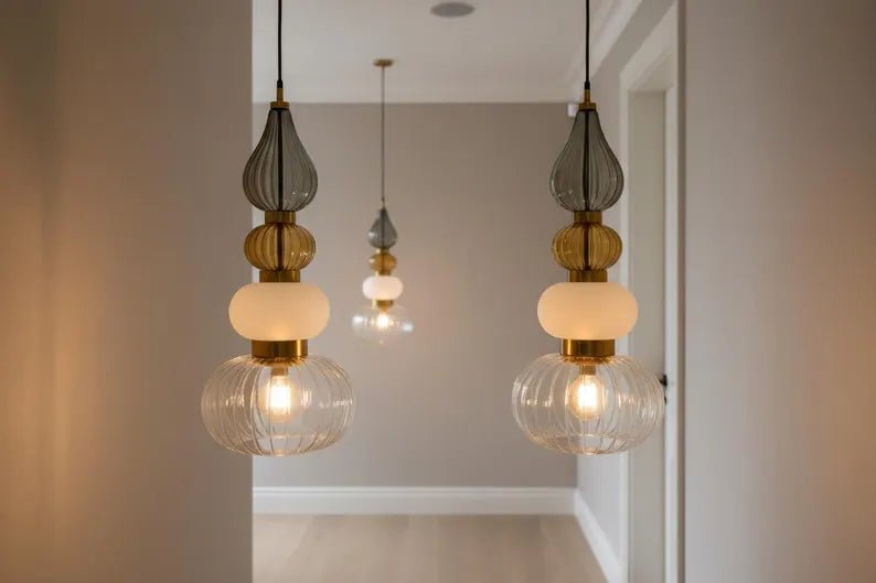 Glass Pendant Light, Modern Kitchen Island Lighting, Neutral Hanging Lamp, Clear Glass Ceiling Light, Handmade Brass Fixture | Les Trois Pyramides