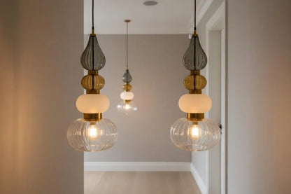 Glass Pendant Light, Modern Kitchen Island Lighting, Neutral Hanging Lamp, Clear Glass Ceiling Light, Handmade Brass Fixture | Les Trois Pyramides
