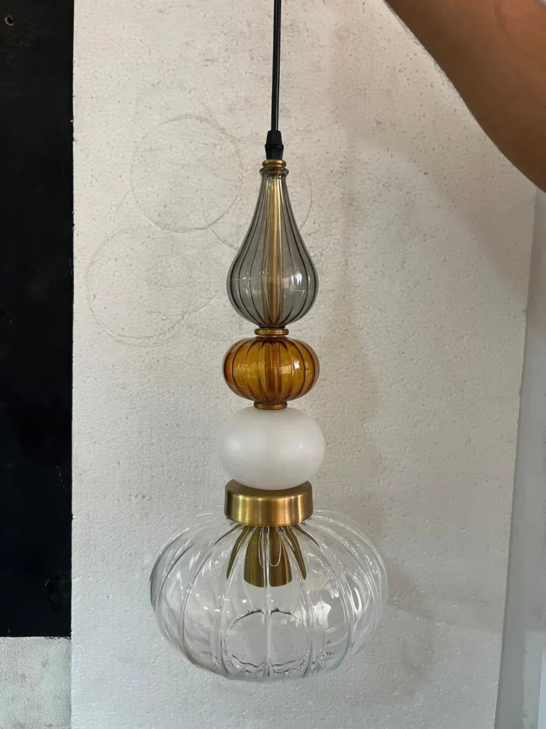 Glass Pendant Light, Modern Kitchen Island Lighting, Neutral Hanging Lamp, Clear Glass Ceiling Light, Handmade Brass Fixture | Les Trois Pyramides