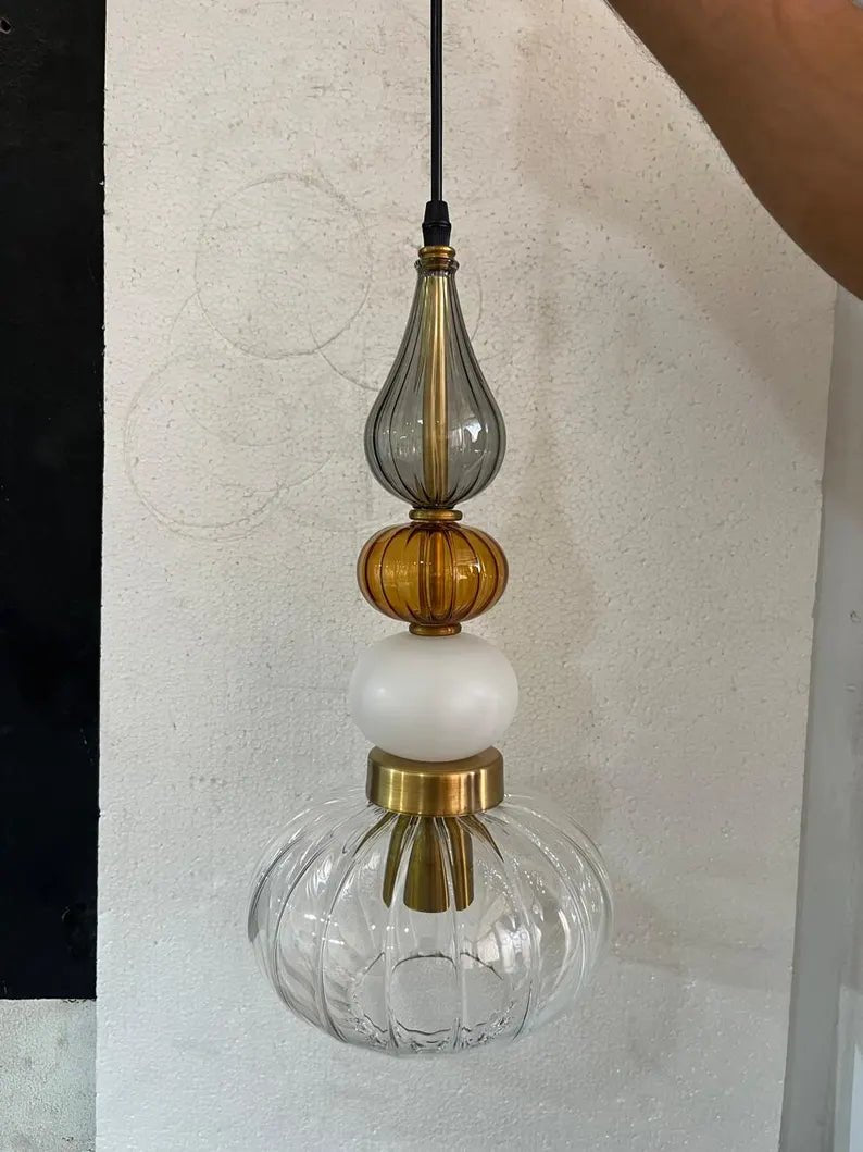 Glass Pendant Light, Modern Kitchen Island Lighting, Neutral Hanging Lamp, Clear Glass Ceiling Light, Handmade Brass Fixture | Les Trois Pyramides