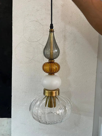 Glass Pendant Light, Modern Kitchen Island Lighting, Neutral Hanging Lamp, Clear Glass Ceiling Light, Handmade Brass Fixture | Les Trois Pyramides