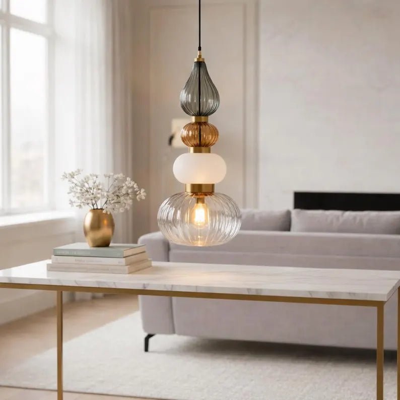 Glass Pendant Light, Modern Kitchen Island Lighting, Neutral Hanging Lamp, Clear Glass Ceiling Light, Handmade Brass Fixture | Les Trois Pyramides