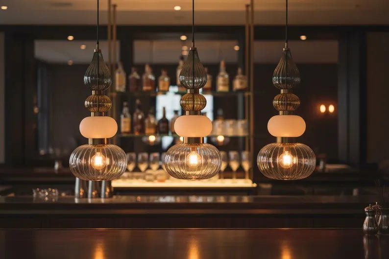 Glass Pendant Light, Modern Kitchen Island Lighting, Neutral Hanging Lamp, Clear Glass Ceiling Light, Handmade Brass Fixture | Les Trois Pyramides