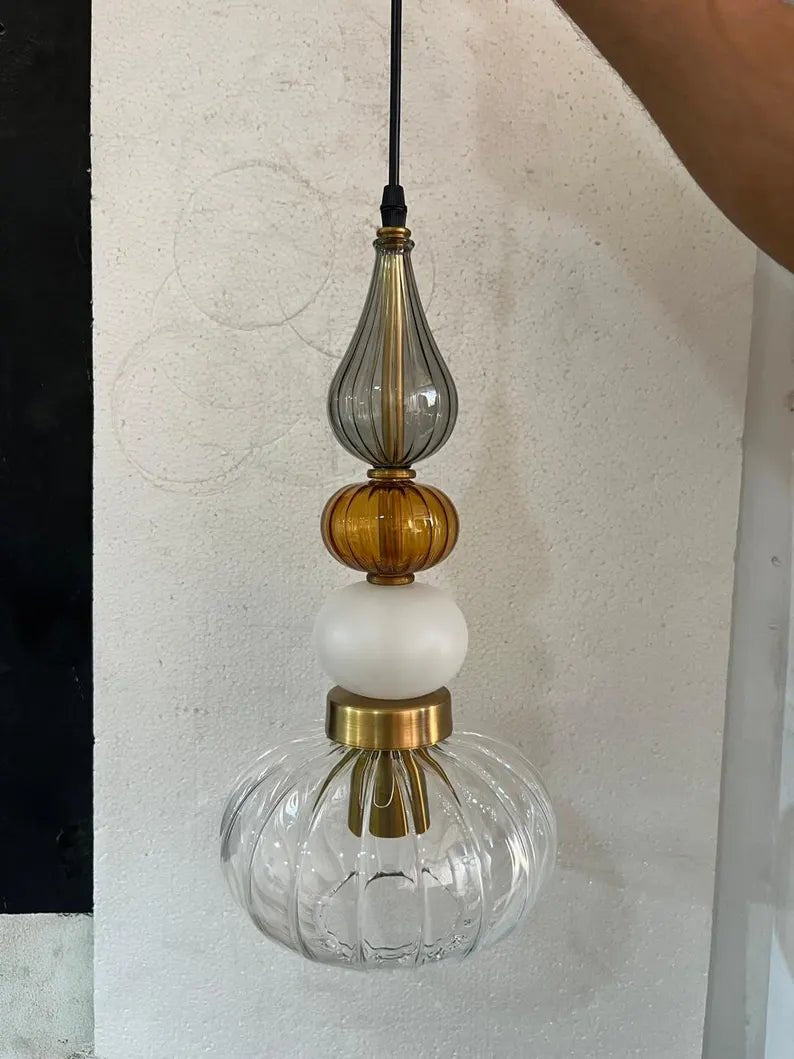Glass Pendant Light, Modern Kitchen Island Lighting, Neutral Hanging Lamp, Clear Glass Ceiling Light, Handmade Brass Fixture | Les Trois Pyramides
