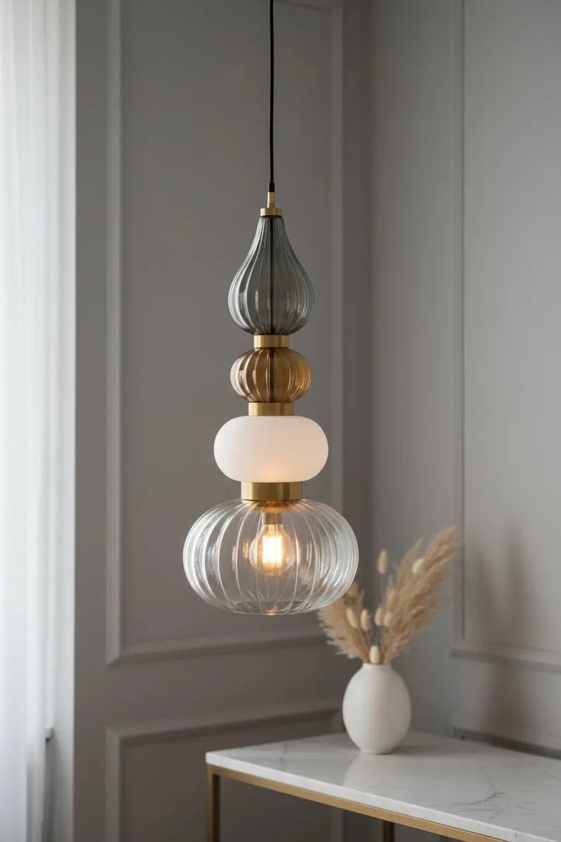 Glass Pendant Light, Modern Kitchen Island Lighting, Neutral Hanging Lamp, Clear Glass Ceiling Light, Handmade Brass Fixture | Les Trois Pyramides