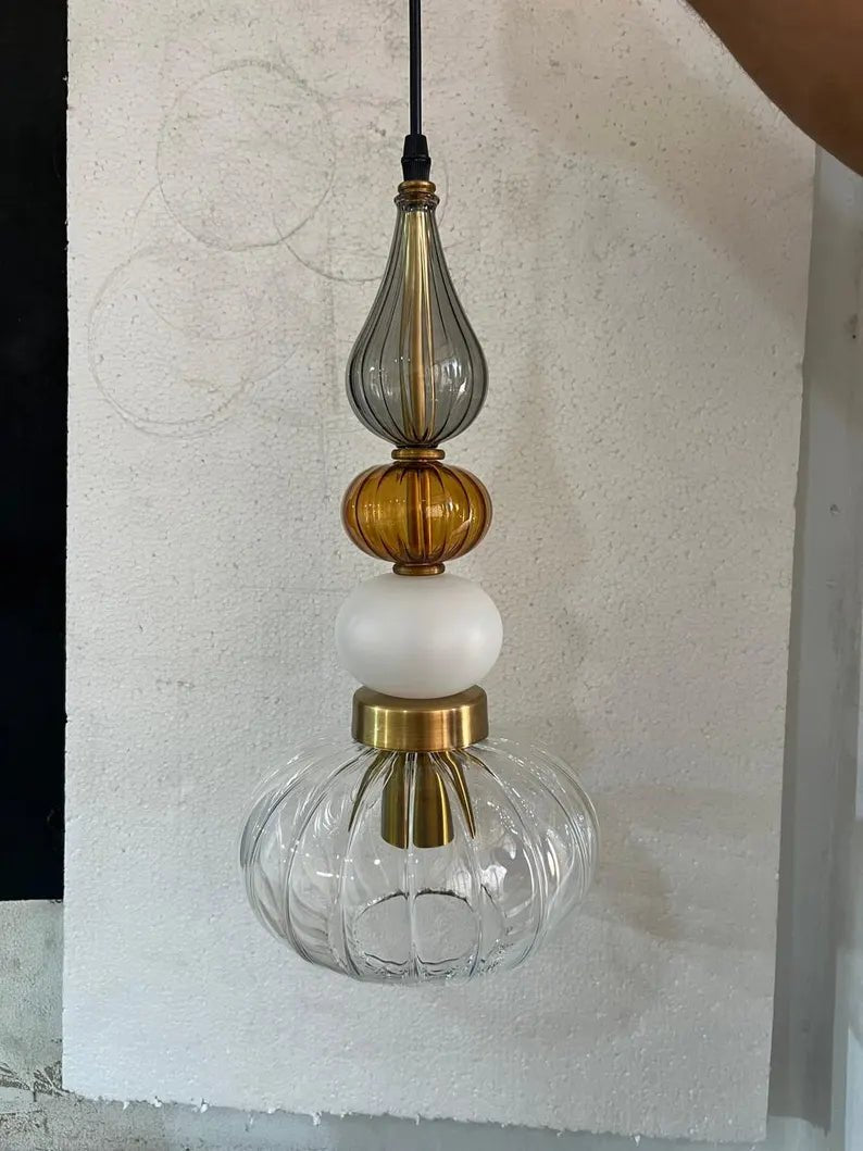 Glass Pendant Light, Modern Kitchen Island Lighting, Neutral Hanging Lamp, Clear Glass Ceiling Light, Handmade Brass Fixture | Les Trois Pyramides
