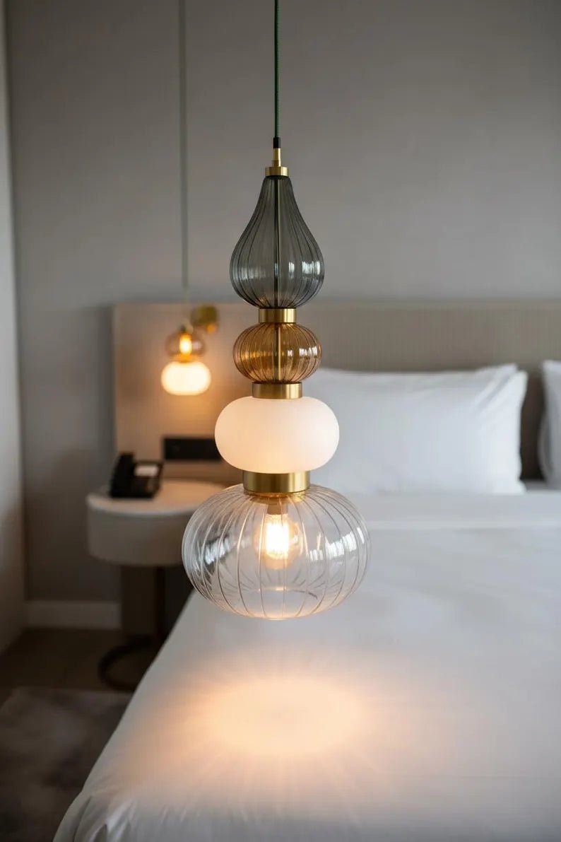 Glass Pendant Light, Modern Kitchen Island Lighting, Neutral Hanging Lamp, Clear Glass Ceiling Light, Handmade Brass Fixture | Les Trois Pyramides