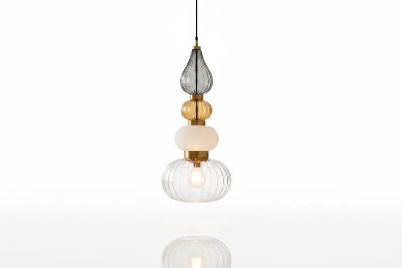 Glass Pendant Light, Modern Kitchen Island Lighting, Neutral Hanging Lamp, Clear Glass Ceiling Light, Handmade Brass Fixture | Les Trois Pyramides