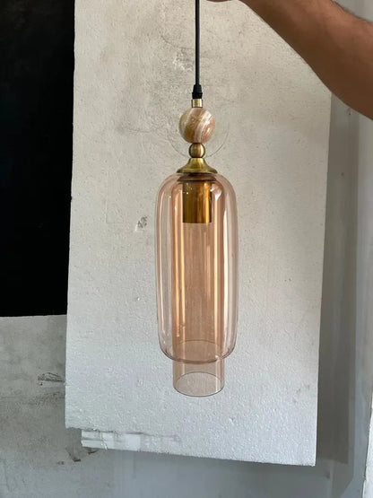 Handmade Glass Pendant Light with Marble & Brass Detail – Minimal Hanging Light | Les Trois Pyramides
