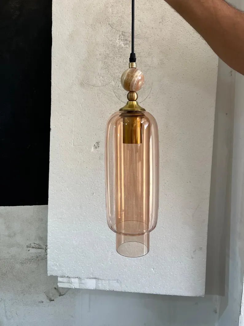 Handmade Glass Pendant Light with Marble & Brass Detail – Minimal Hanging Light | Les Trois Pyramides