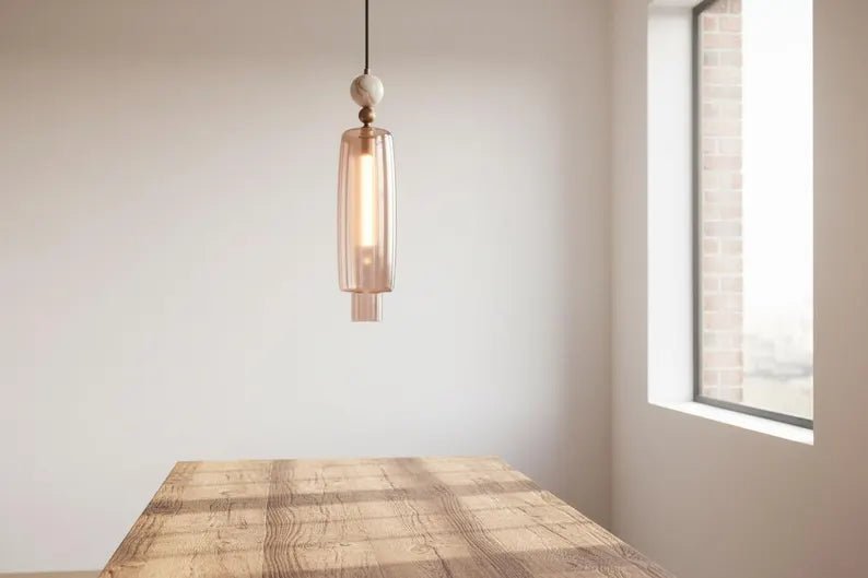 Handmade Glass Pendant Light with Marble & Brass Detail – Minimal Hanging Light | Les Trois Pyramides