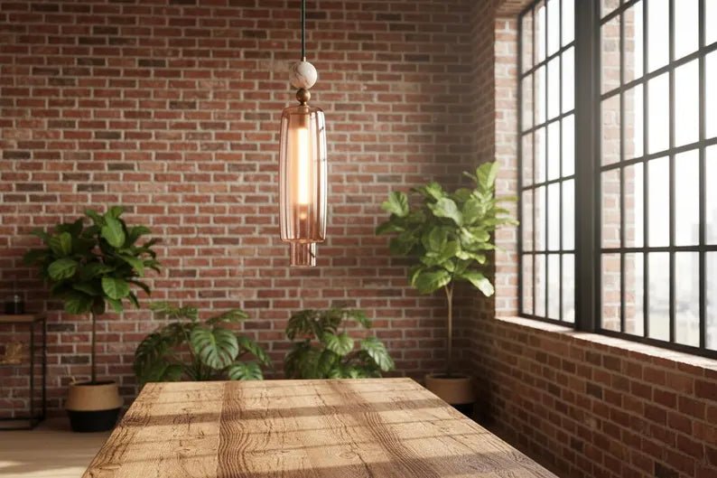 Handmade Glass Pendant Light with Marble & Brass Detail – Minimal Hanging Light | Les Trois Pyramides