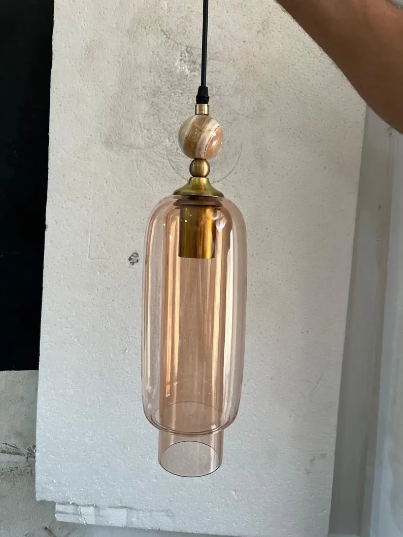 Handmade Glass Pendant Light with Marble & Brass Detail – Minimal Hanging Light | Les Trois Pyramides