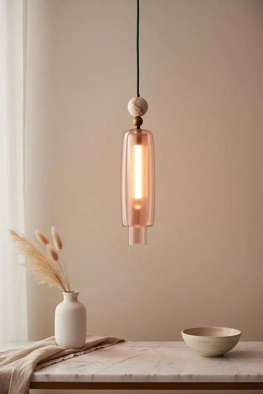 Handmade Glass Pendant Light with Marble & Brass Detail – Minimal Hanging Light | Les Trois Pyramides