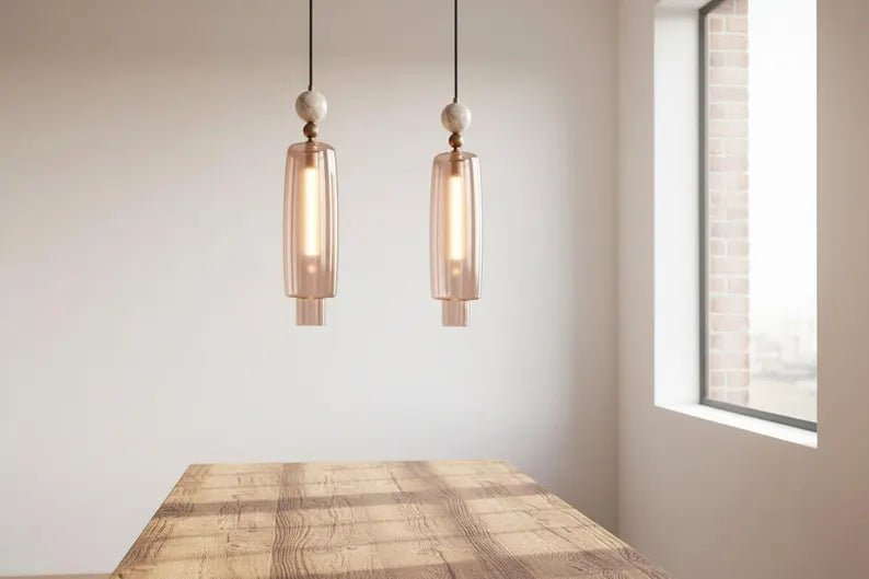 Handmade Glass Pendant Light with Marble & Brass Detail – Minimal Hanging Light | Les Trois Pyramides