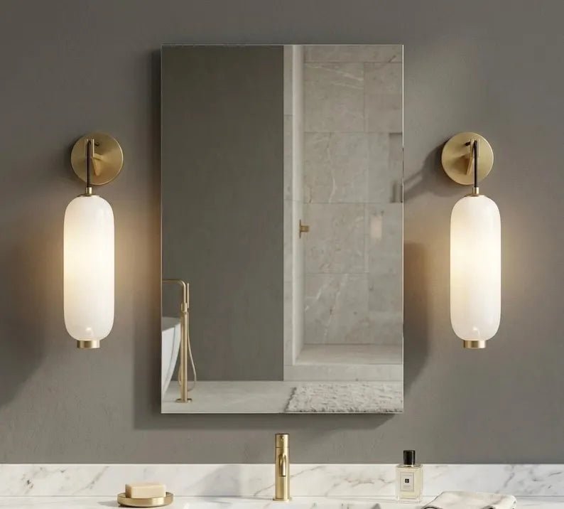 Glass Wall Sconce with Brass finish| Hanging Wall Light | Modern Wall Lamp | Bathroom Vanity Light | Bedside Wall Lighting | Les Trois Pyramides